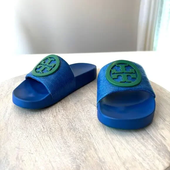 Tory Burch Lina Slide Sandals - Blue Textured with Green Logo - Size 5M US 5